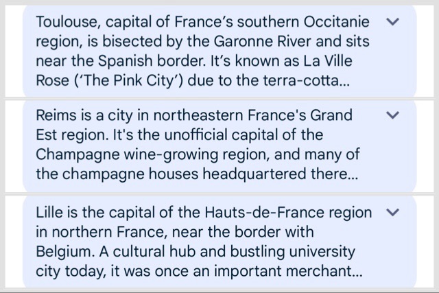 3 captures d'écran de Wikipédia en anglais, où les villes sont identifiées comme les capitales des régions.
