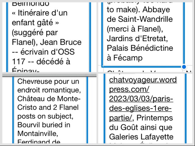 Captures d'écran de 4 notes dans le tableur où je gardais mes renseignements sur tous les départements, toutes dues au Chat voyageur 