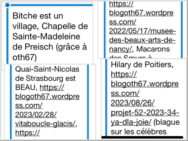 Captures d'écran de 4 notes dans le tableur où je gardais mes renseignements sur tous les départements, toutes dues au blog de Sév et Oth