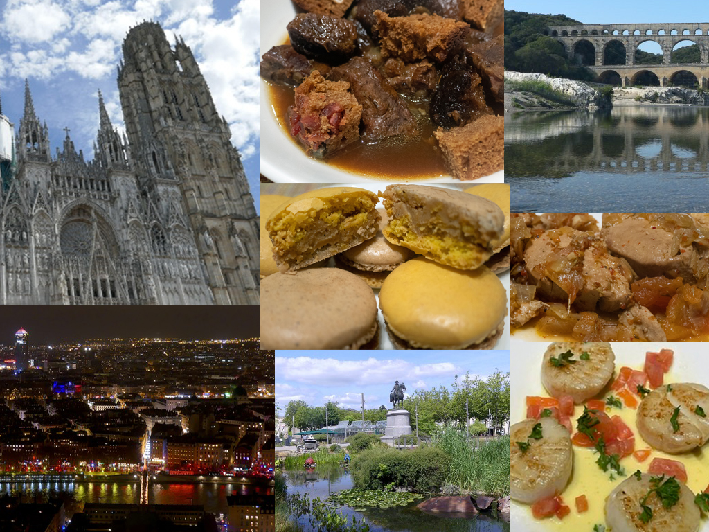 Collage du Grand Bilan : Cathédrale de Rouen, cabonade flamande, macarons crème brûlée, thon à la basquaise et Saint-Jacques à la crème d'oignons de Roscoff, Pont du Gard, Vue de l'Esplanade de la Basilique pendant la Fête des Lumières, Place Napoléon à La Roche-sur-Yon