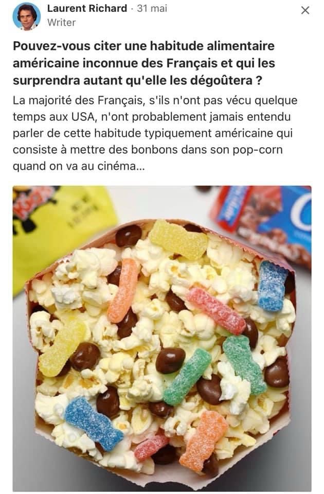 Capture d'écran d'un post du site Quora avec du popcorn mélangé avec tout genre de bonbons.
