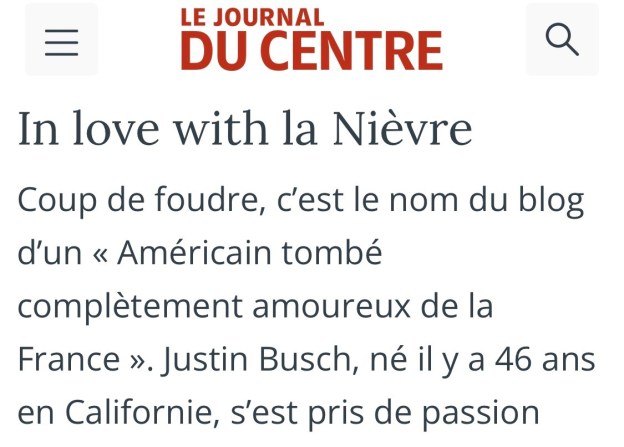 Capture d'écran d'un gros-titre du Journal du Centre sur mon blog, "In love with la Nièvre"
