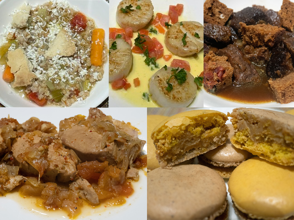 Collage du menu du Tour : soupe de petite épeautre, Saint-Jacques à la crème d’oignons de Roscoff, carbonade flamande, thon à la basquaise, macarons crème brûlée