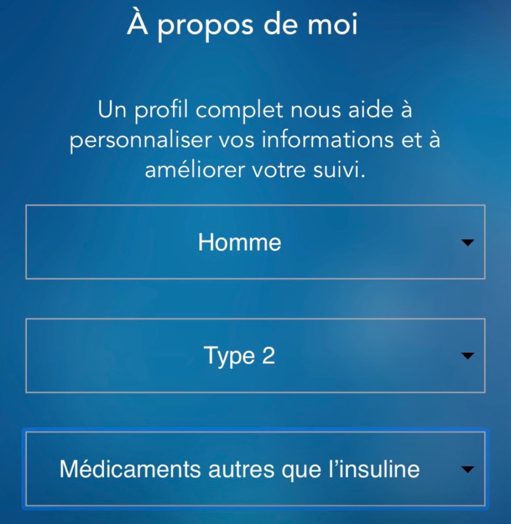 Capture d'écran d'un profil rempli avec mon genre de diabète et quels médicaments je prends
