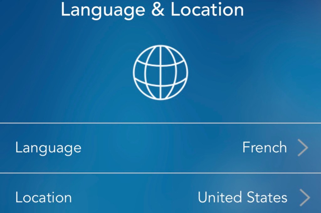 Capture d'écran de l'appli Contour en anglais, qui demande langue et pays. 