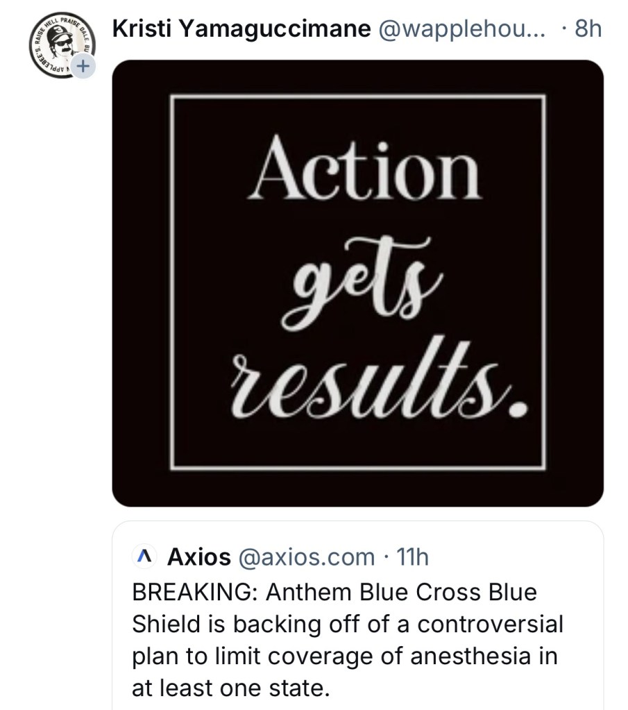 Tweet sur BlueSky qui dit « Les actions produisent des résultats ».