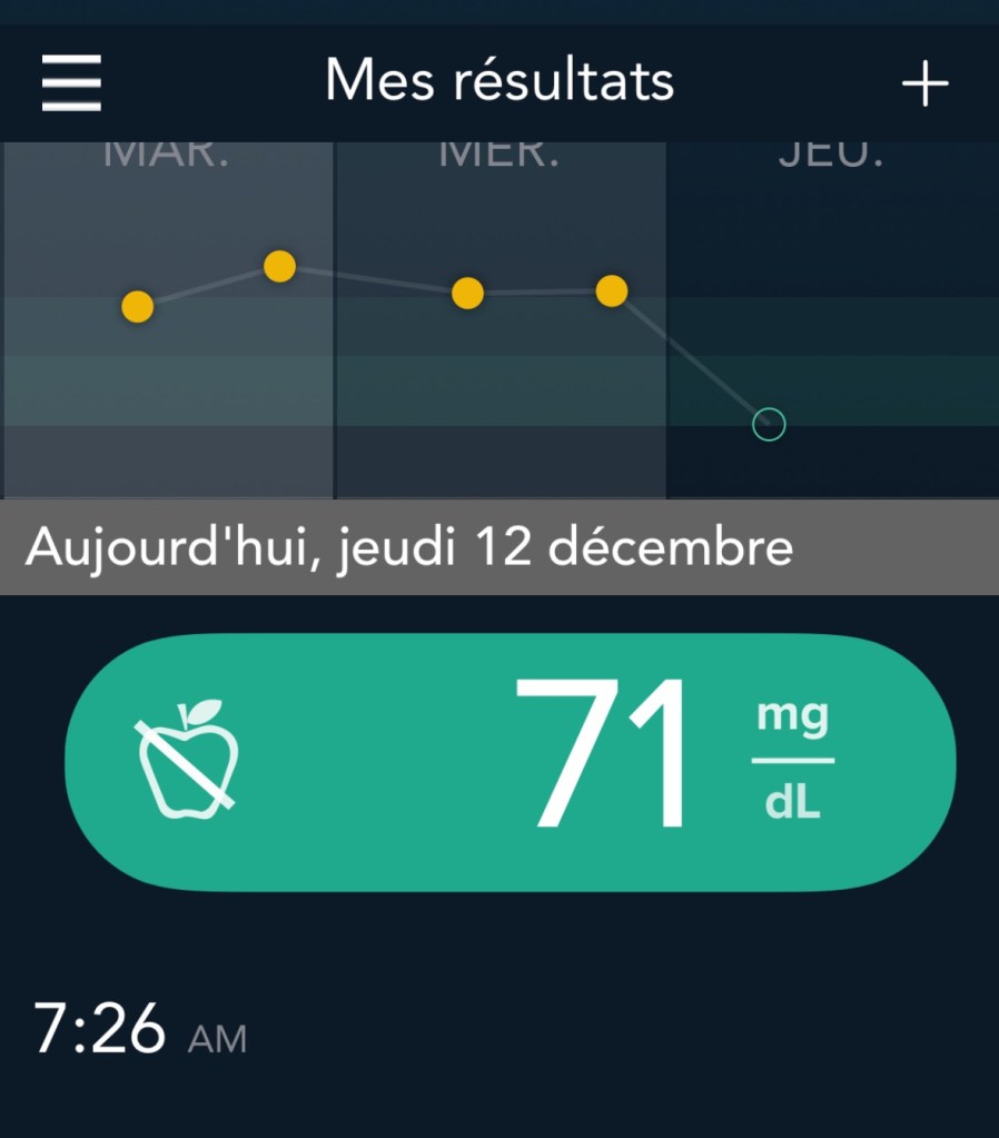 Capture d'écran du dernier chiffre du lecteur, un bon taux de glycémie après une nuit de jeûne.