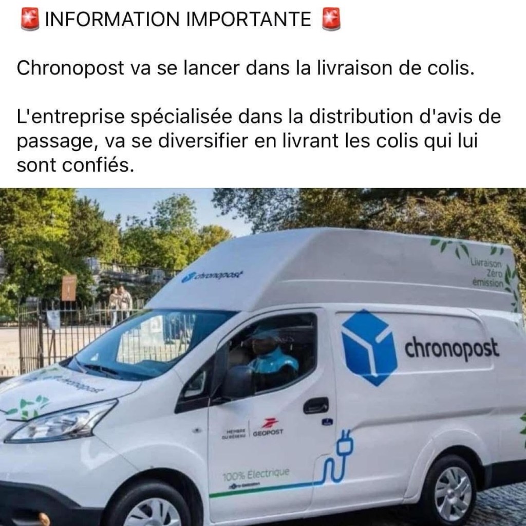 Photo d'un camion de livraison de Chronopost avec la légende « Chronopost va se lancer dans la livraison de colis. L'entreprise spécialisée dans la distribution d'avis de passage va se diversifier en livrant les colis qui lui sont confiés ».