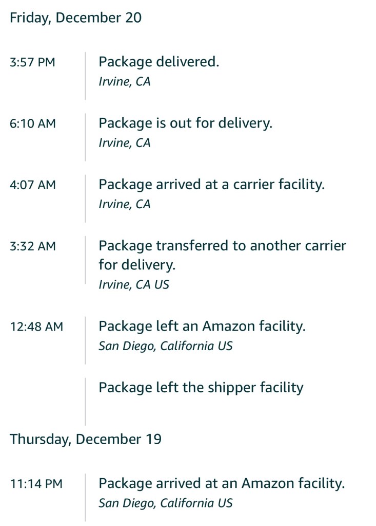 Capture d'écran du trajet du colis -- parti de San Diego à 23h et livré vers 16h le lendemain. 