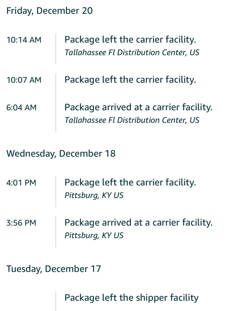 Capture d'écran qui montre un colis expédié le 17 du New-York