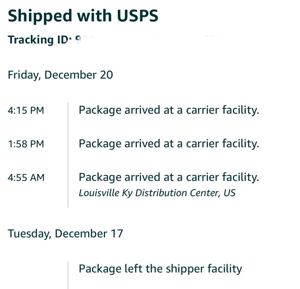 Capture d'écran qui montre un colis expédié du Kentucky le 17.