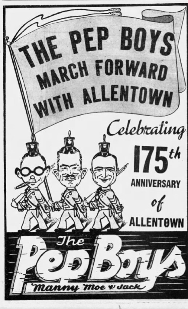 Publicité de 1937 qui montre des dessins des 3 fondateurs de Pep Boys