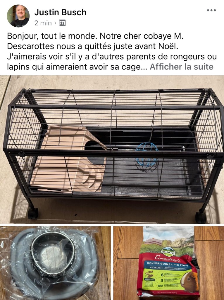 Capture d'écran d'un post sur Facebook avec des photos de la cage, d'un bol neuf, et d'un sac de nourriture.