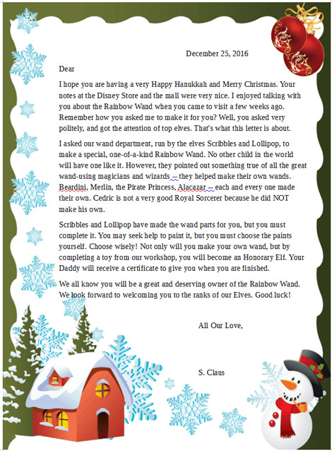 Lettre du Père Noël à la fille en question