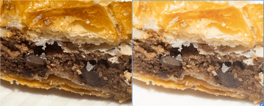 Comparaison de deux mêmes photos d'un bout d'une galette des rois -- le format haute résolution est fade et paraît être plus blanc partout.