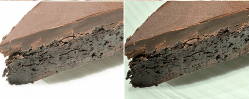 Deux photos d'un bout d'un gâteau au chocolat -- le côté à haute résolution n'est pas seulement plus blanc, mais beaucoup des détails sur l'assiette blanche ont disparu en résultat.