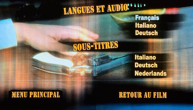 Menu du disque. L'audio est disponible en français, italien et allemand ; les sous-titres en italien, allemand et néerlandais. 
