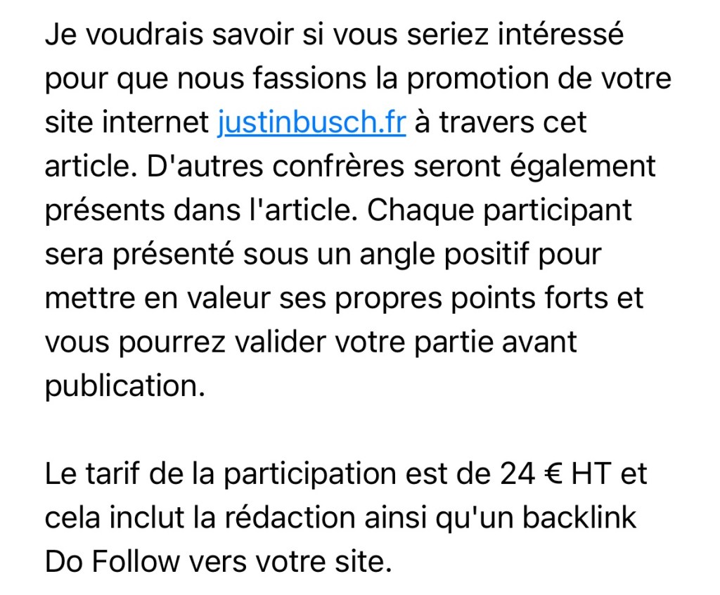 Capture d'écran de la suite qui m'invite à faire la promotion dans leur article, en disant, en partie : « Chaque participant sera présenté sous un angle positif pour mettre en valeur ses propres points forts. »