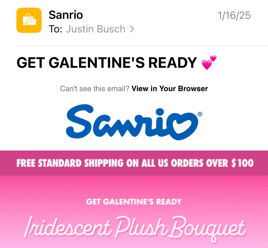 Capture d'écran du sujet d'un courriel de chez Sanrio ainsi que son logo.