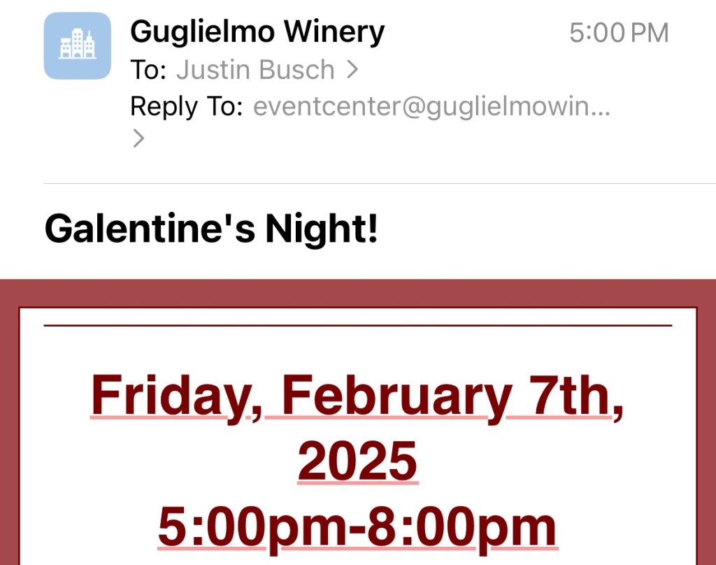 Capture d'écran d'un courriel de Guglielmo Winery qui annonce la Soirée Galentine.