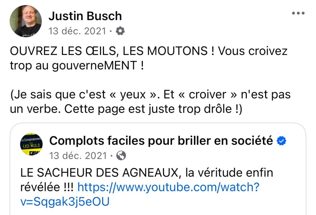 Capture d'écran où j'ai partagé un clip avec la légende « Ouvrez les œils, les moutons ! Vous croivez trop au gouverneMENT ! »