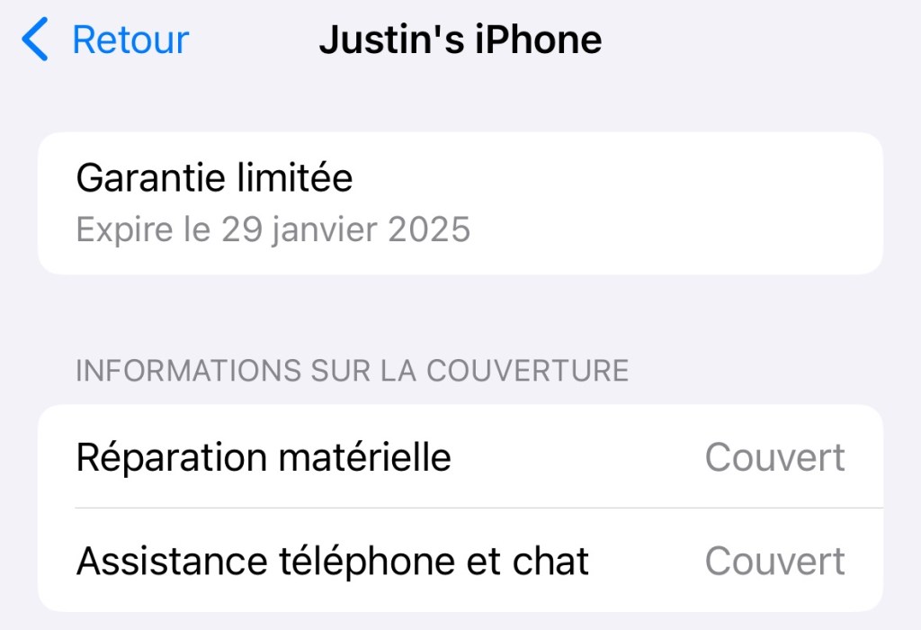 Capture d'écran des paramètres qui dit « Garantie limite : Expire le 29 janvier 2025 »