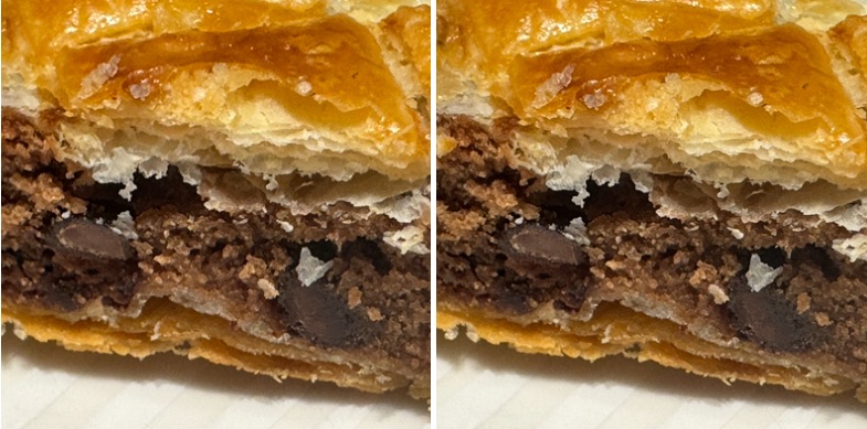 Comparaison de deux photos du même bout d'une galette des rois ; il n'y a aucune différence malgré les formats différents.