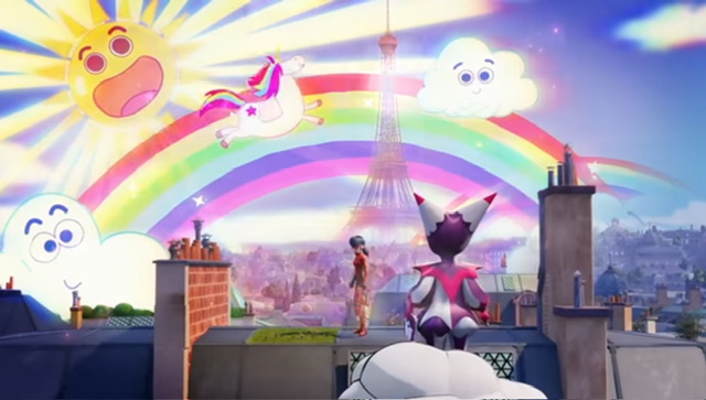 Marinette crée l'illusion de dessiner des arcs-en-ciel et des licornes dans le ciel.