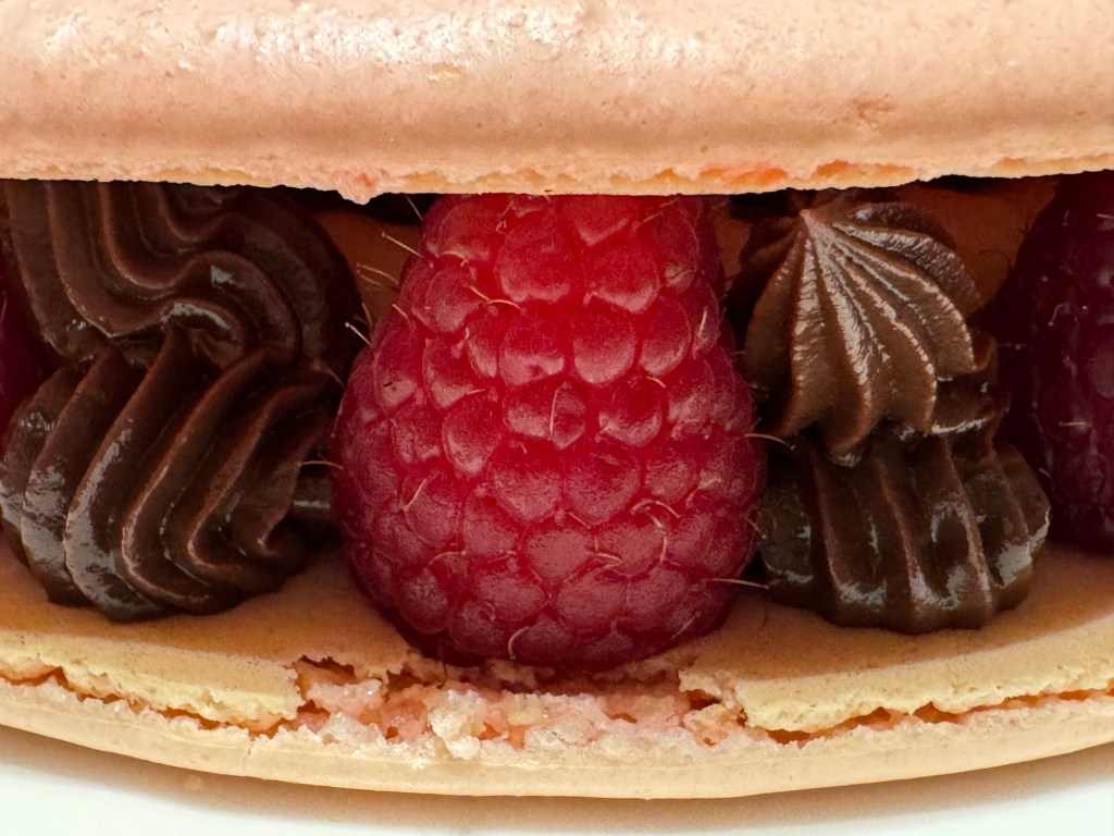 Vue en gros-plan du côté du macaron, garni de framboises et de la ganache pochée