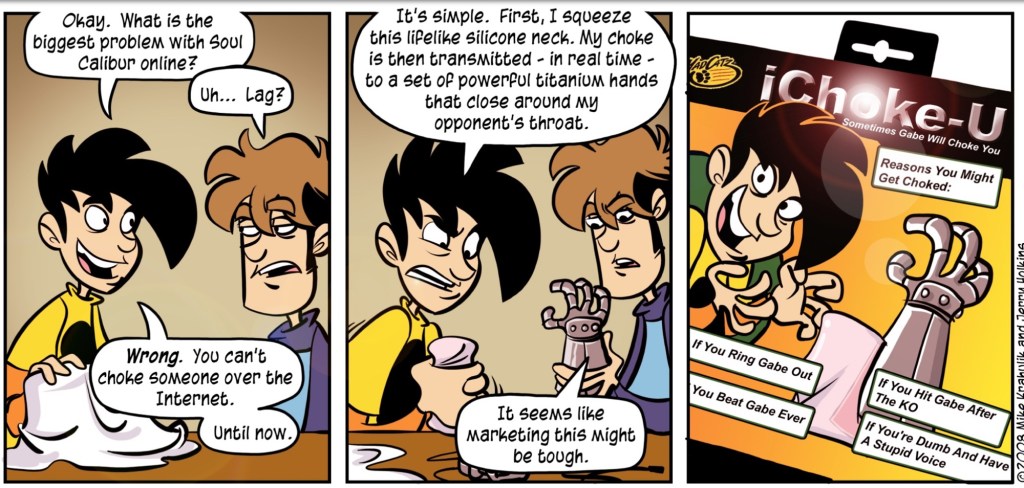 Dessin de Penny Arcade. Il y a plein de dialogue, traduit ailleurs dans l'article.