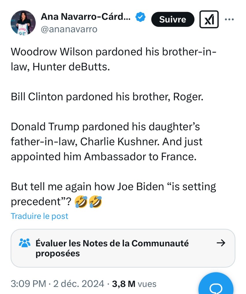Capture d'écran d'un tweet d'Ana Navarro-Cárdenas, qui dit en partie « Woodrow Wilson a gracié son beau-frère, Hunter deButts »