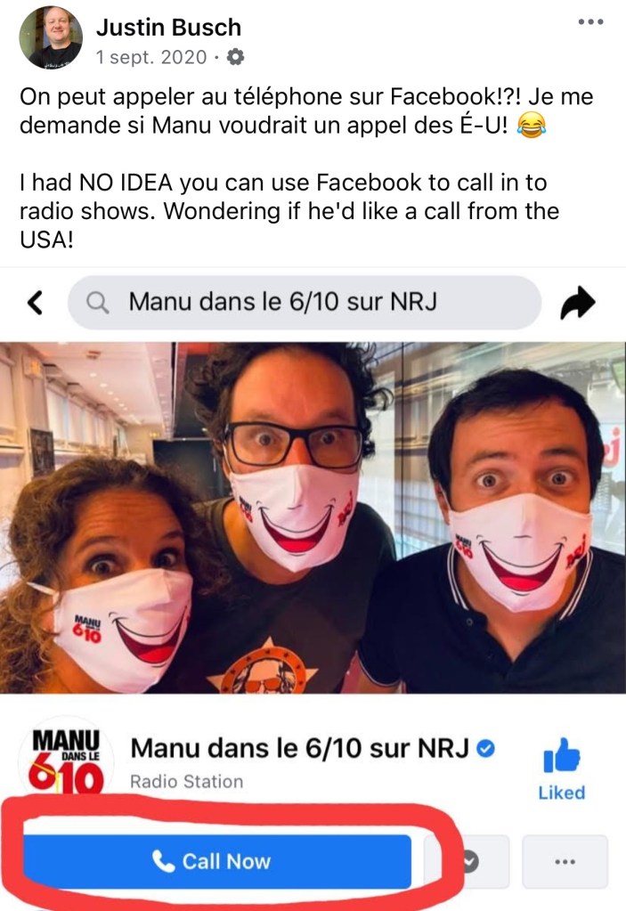 Capture d'écran de Facebook où j'ai dit « Je me demande si Manu voudrait un appel des É-U !
»