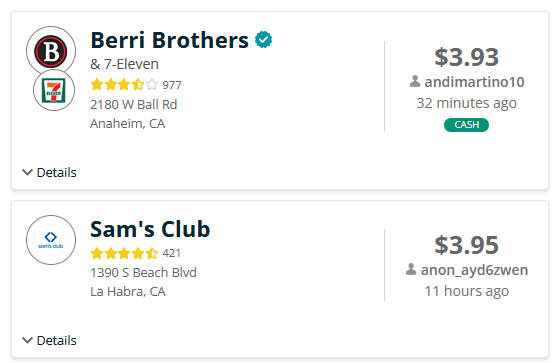 Capture d'écran qui montre comment entrer des prix d'essence sur le site GasBuddy -- on clique une station, on tape le prix, et on le soumet.