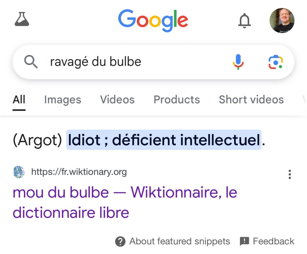 Capture d'écran qui montre que Google choisit « mou du bulbe » en tant que synonyme de « ravagé »
