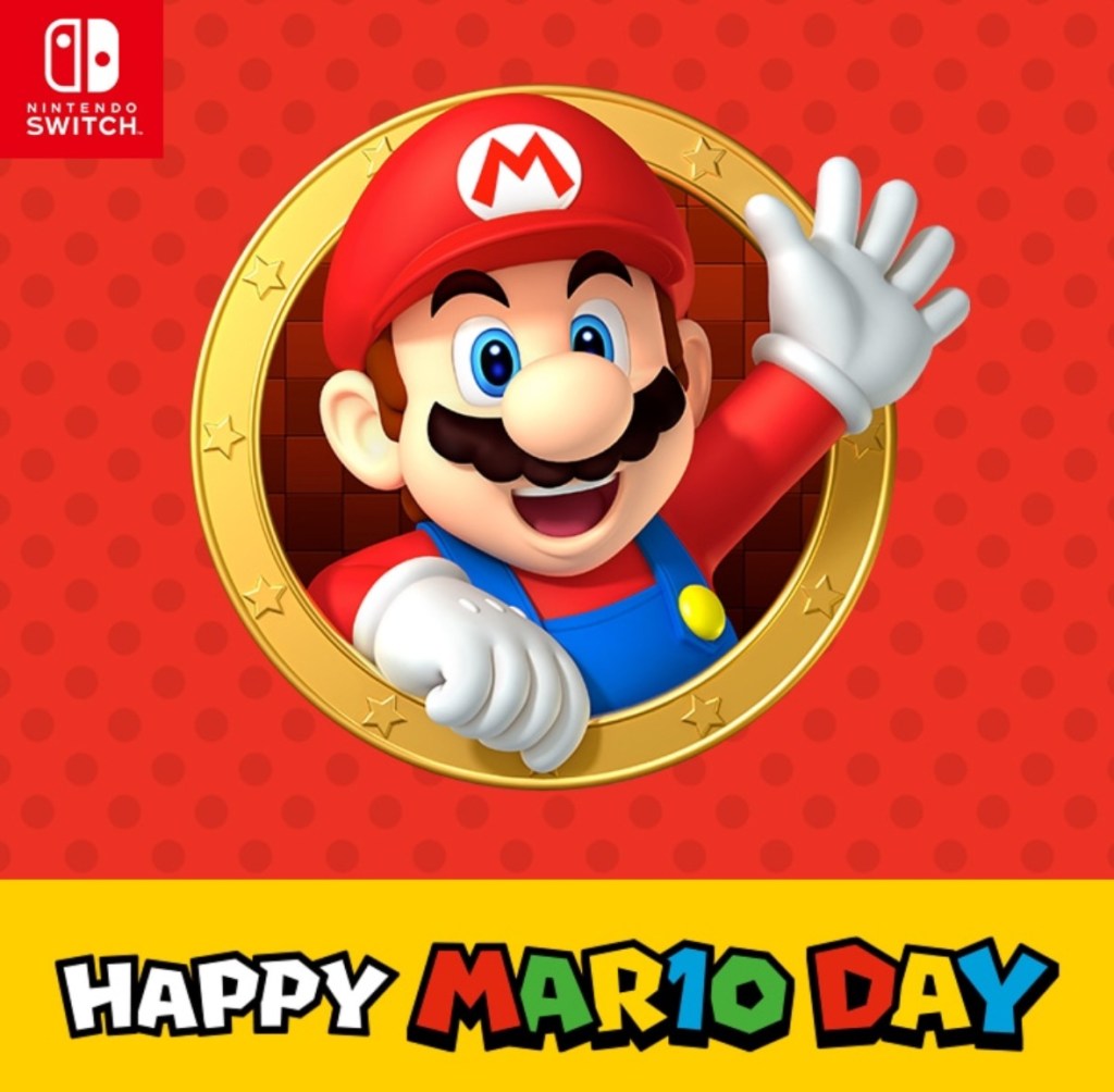 Capture d'écran d'une publicité Nintendo qui dit "Happy Mar10 Day" -- Bonne Journée de Mario.