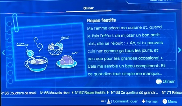 Extrait du journal du bord du capitaine Olimar, personnage non-joueur, qui dit « Ma femme adore ma cuisine et quand je fais l'effort de mijoter un bon petit plat, elle se réjouit : "Ah, si tu pouvais cuisiner comme ça tous les jours et pas que pour les grandes occasions !" »