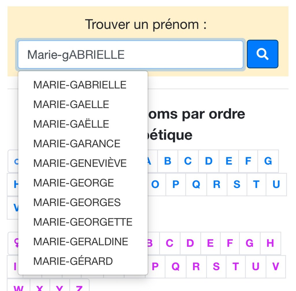 Liste de prénoms composés qui commencent par « Marie-G ». Geneviève est en 5e place. 