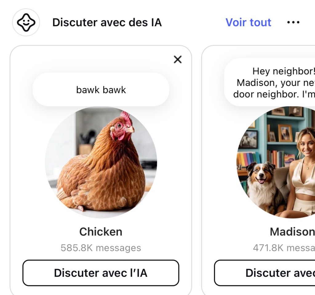 Capture d'écran qui propose « Discuter avec des IA », dont un poulet.