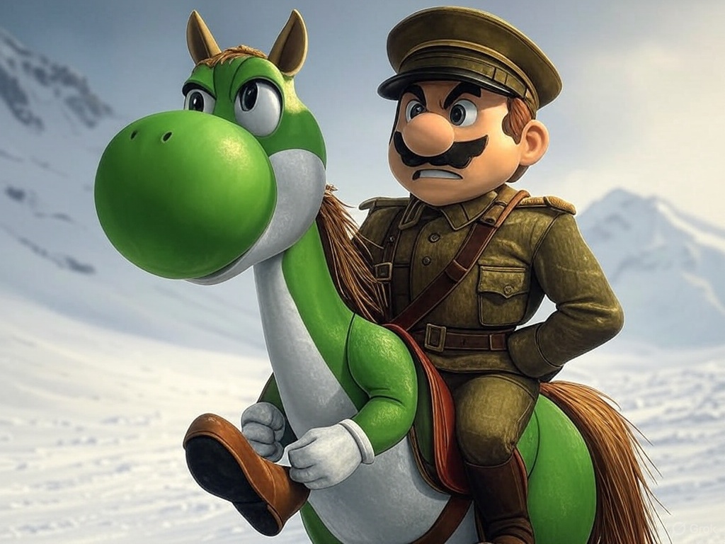 Mario et Yoshi en gros-plan sur une montagne. Yoshi est dessiné avec les oreilles d'un cheval, et Mario s'habille comme un officier soviétique.