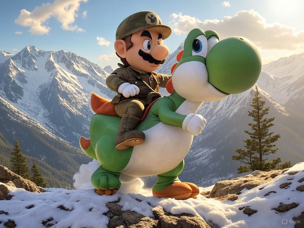 Mario et Yoshi sur une montagne, moins proche que la première image. Mario porte des vêtements toujours très armée soviétique, mais avec une casquette de baseball.