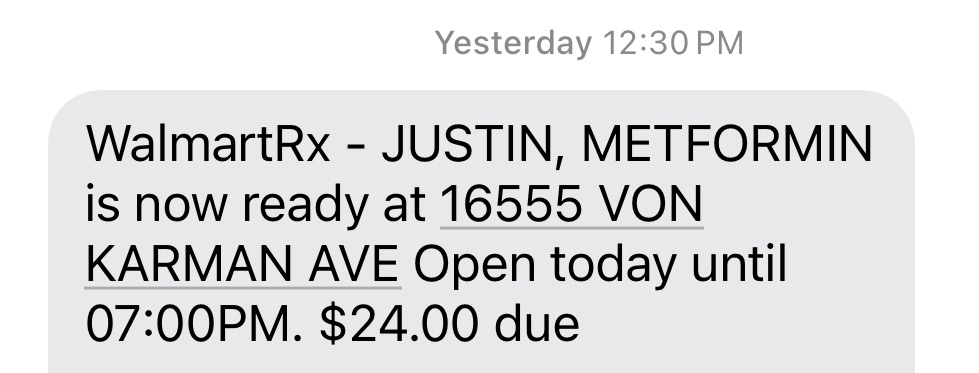Texto avec une notification que le prix de mon ordonnance est désormais 24 $.