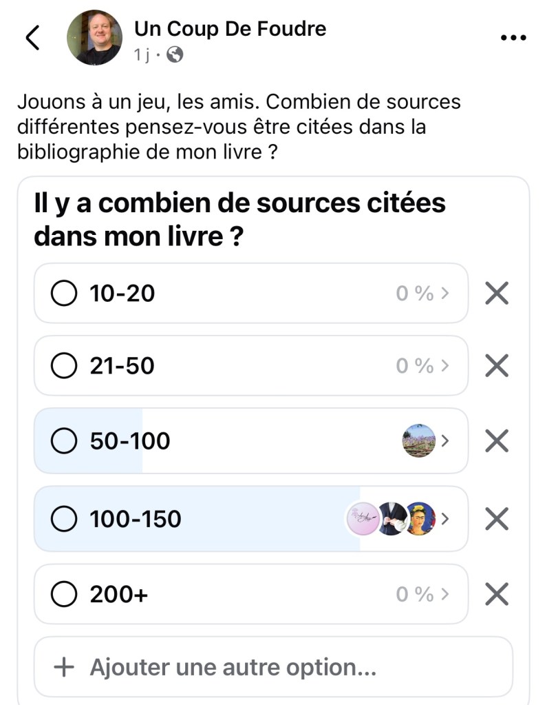 Capture d'écran du sondage. De 4 réponses, 1 choisit de 50 à 100, et 3 choisissent de 100 à 150.
