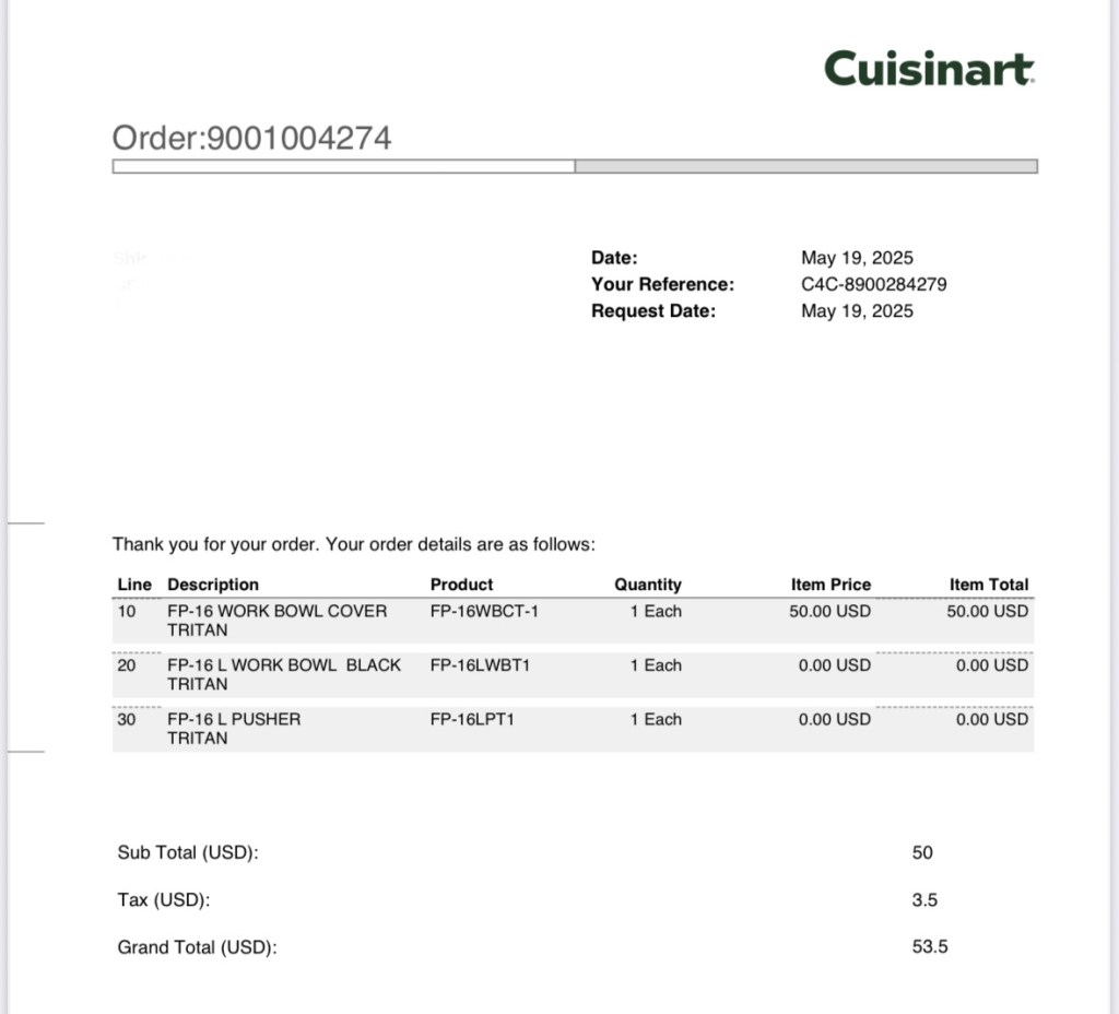Capture d'écran qui montre la facture de 50 $ pour le couvercle, ainsi que les deux autres pièces gratuites