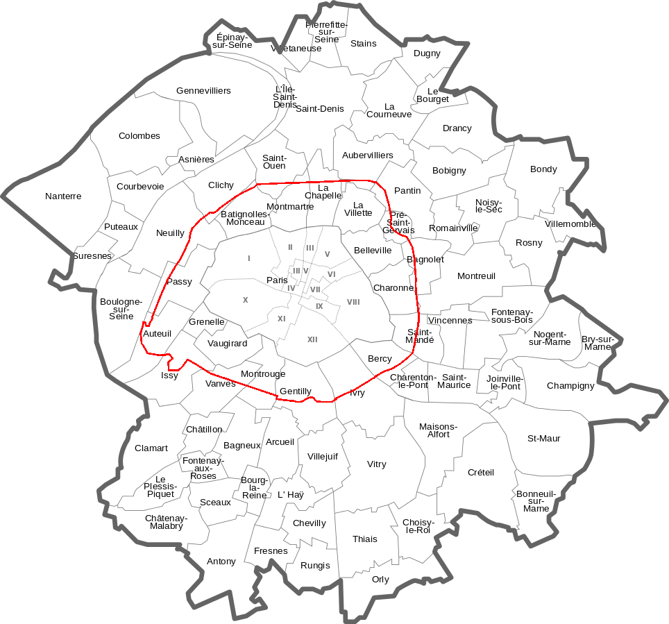 Carte qui montre l'ancien département de la Seine avec les 12 arrondissements originaux, un cercle en rouge qui montre les communes qui feraient partie de Paris à partir de 1860, ainsi que les communes qui feraient plus tard la Petite Couronne. 