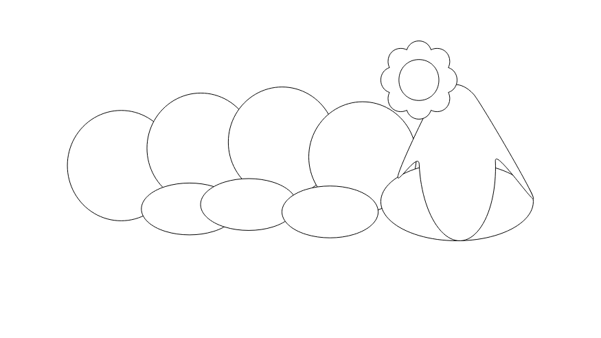 Dessin du personnage Wiggler, fait avec des formes géométriques dans un logiciel de dessin. Ici, il n'y a que des lignes noires sur une arrière-plan blanc.