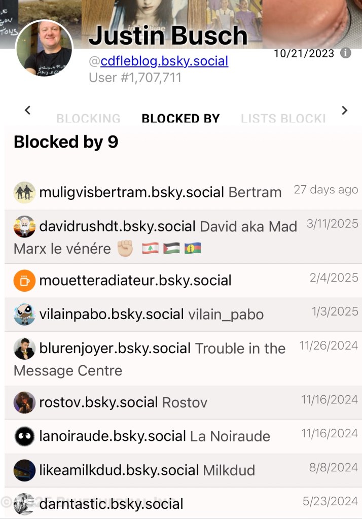 Capture d'écran des 9 comptes qui me bloquent. Je ne connais aucun des utilisateurs.