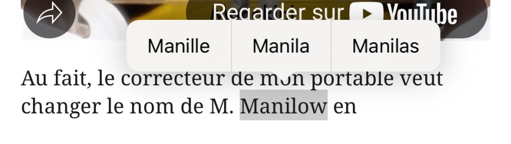 Capture d'écran qui montre 3 corrections proposées : Manille, Manila, et Manilas.