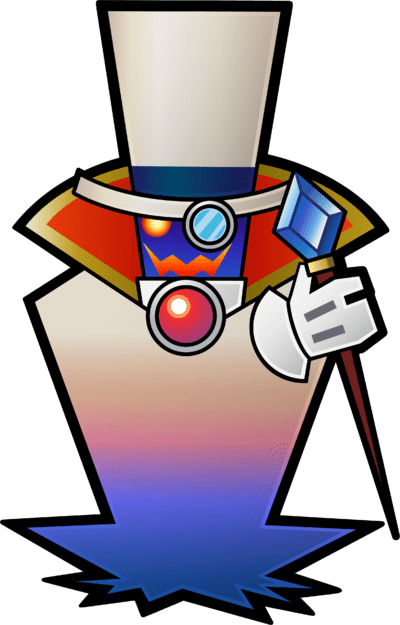 Dessin du comte Bleck. Il porte un costume et un haut-de-forme blanc ainsi qu'un monocle, tient une baguette magique dans sa main, et a un sourire maléfique, un ligne à zigzags rouge.