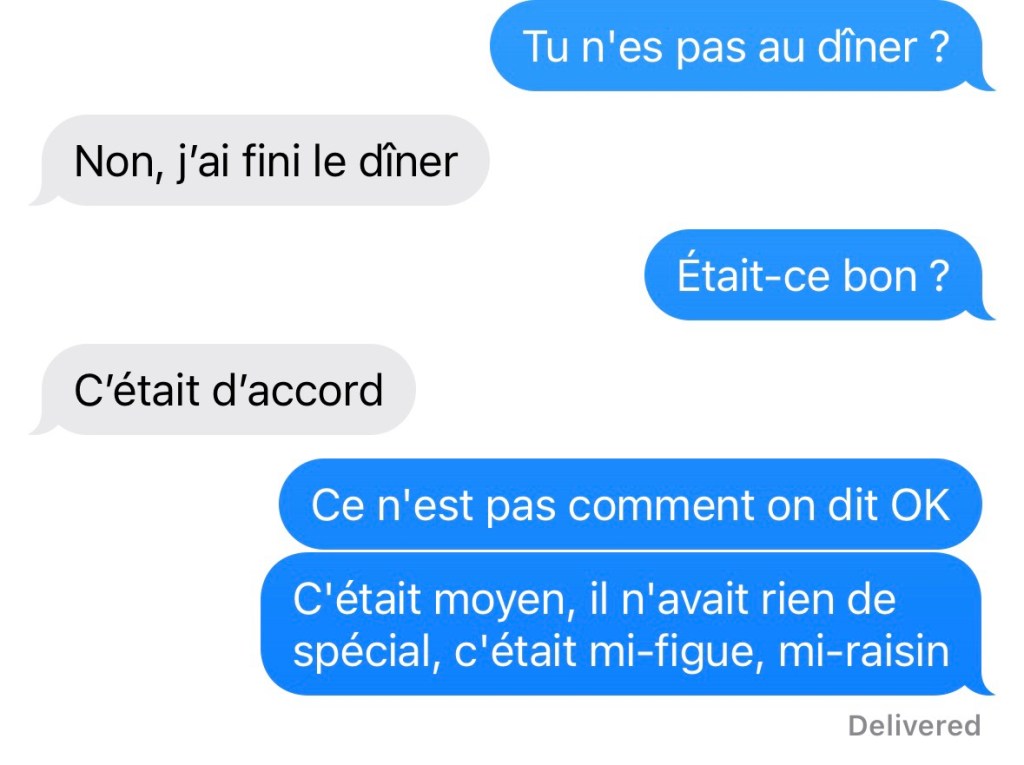 Dialogue. Moi : « Tu n'es pas au dîner ? » La Fille : « Non, j'ai fini le dîner. » Moi : « Était-ce bon ? » La Fille : « C'était d'accord. »