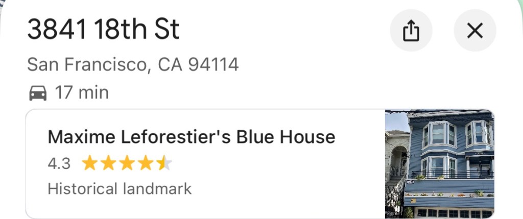 En anglais, c'est l'adresse, avec une note qui dit « la maison bleue de Maxime Le Forestier »